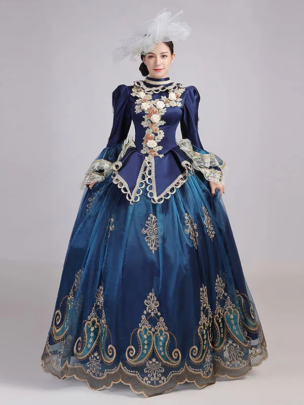 Blue  Retro Tudor Dress Costumes  Women's Lace Ruffles Polyester Tunic Headwear Dress Marie Antoinette Costume Royal Party Prom 